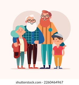 Ilustración vectorial de un retrato familiar. abuelo junto a su hijastro, hija y nieto. Juego de caracteres planos.