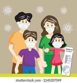 vector illustration Family portrait wearing a mask to prevent the virus on a brown background.
