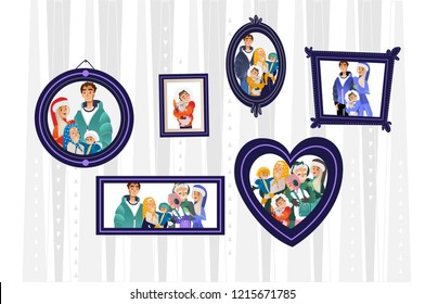 Vector illustration of family portraits from winter vacation with three generations - photos in frames hanging on wall. Cartoon scenes of happy family members in warm clothes smiling and hugging.