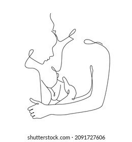 Vector illustration of family portret in one line art style. Lineart mother, father holding a new born baby