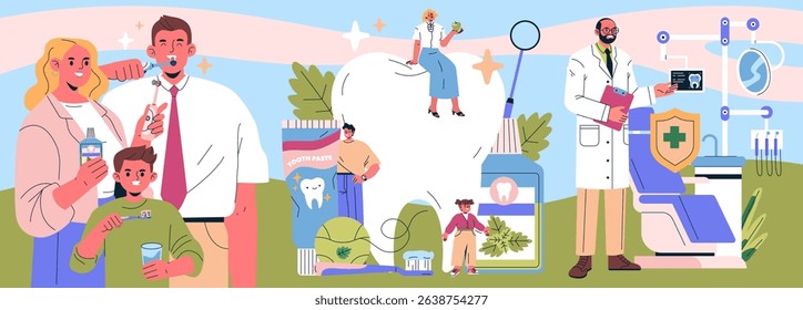 Vector illustration of a family practicing dental hygiene at home, featuring toothbrushes and mouthwash, alongside a professional dentist providing care with dental tools.
