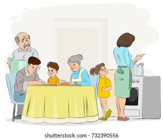 Vector Illustration Of A Family Preparing Dinner