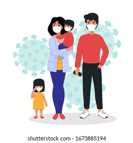 Vector illustration with family protective face masks. Epidemic disease concept. Corona virus. China people