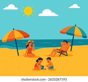 Vector illustration of a family relaxing on the beach. Man and woman sitting under umbrellas, children playing in the sand. Vacation and recreation.