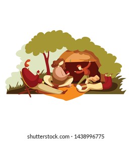 vector illustration. Family resting in the forest. mom, dad, daughter and son and tent. friendly family at the camp