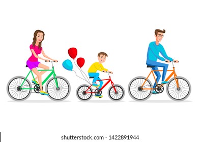 Vector illustration of family ride the bike. Healthy leisure and freedom riding bike. Man, woman and boy pedaling on summer time vacation.