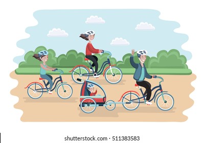 Vector illustration of family ride the bike in the park. Healthy leisure and freedom riding bike. Man, woman, boy and girl pedaling on summer time vacation. 