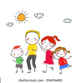 vector illustration of family running after each other