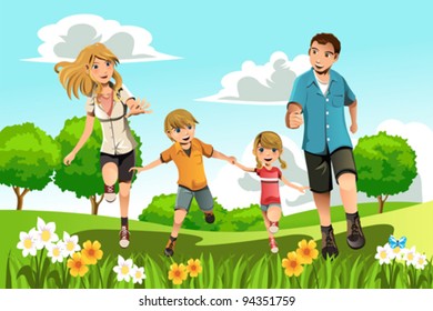 A vector illustration of a family running in the park