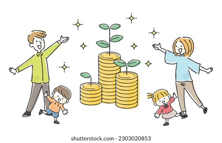 Vector illustration of family saving money.