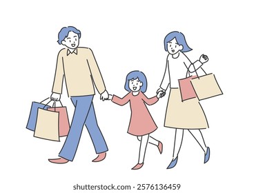 Vector illustration of a family shopping. Mom and dad holding shopping bags. Daughter holding hands. Simple hand drawn illustration.
