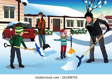 A Vector Illustration Of Family Shoveling Snow In Front Of Their House