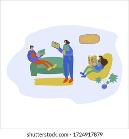 Vector illustration family sitting at home, which reads a newspaper or news on a tablet. They sit at home, mother son and daughter, home furnishings: sofa carpet, flowers in pots. Events related to