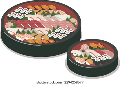 Vector illustration of family size and single portion sushi.