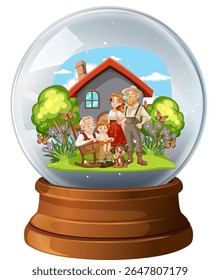 Vector illustration of a family in a snow globe with a house and garden. Bright colors and detailed composition