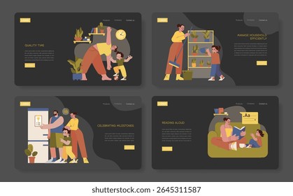 Vector illustration of a family spending quality time. Scenes include playing together, household chores, celebrating milestones, and reading aloud, showcasing joyful family interactions.