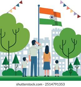 Ilustración vectorial de una familia de pie en un parque y saludando la bandera nacional india para mostrar patriotismo y orgullo nacional