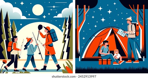 Ilustración vectorial de una familia mirando las estrellas en su camping, disfrutando del aire libre por la noche. Perfecto para representar aventuras familiares