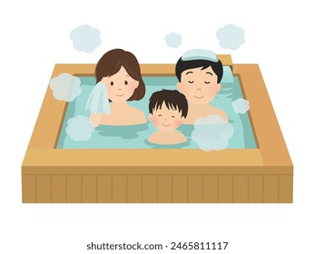 Vector illustration of a family taking a hot spring bath
