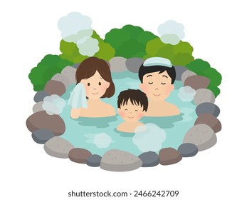 Vector illustration of a family taking a hot spring bath