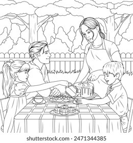 Vector illustration, family tea party in a summer garden, coloring book.