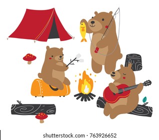 Vector illustration of a family of three bears gathered around bonfire and camping outdoors