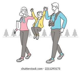 Vector illustration of a family of three - father, mother and son - taking a walk in the park.