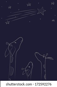 vector illustration of a family of three giraffes looking up at the sky, making a wish on a falling star