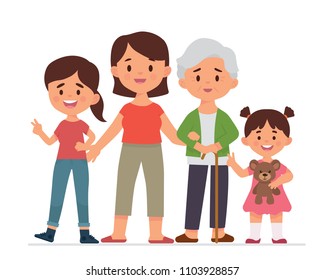 vector illustration family together, mother, grandmother, teenager, kid. four women generation in family