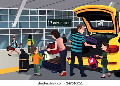 A vector illustration of family traveler unloading luggages outside the airport