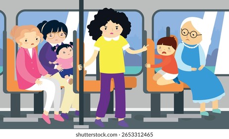 Ilustração vetorial de uma família viajando de trem. Pessoas no transporte público.