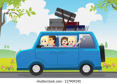 A vector illustration of  a family traveling in a car