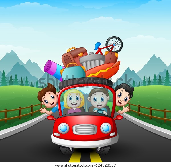Vector\
illustration of Family traveling in the\
car