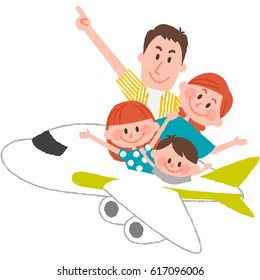 a vector illustration of the family trip by airplane