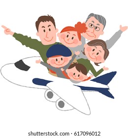 a vector illustration of the family trip by airplane