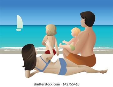 vector illustration of family with two kids sitting on sand on tropical beach and watching yacht