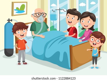 Vector Illustration Of Family Visit Grandfather At Hospital