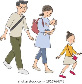 Vector illustration of a family walking happily