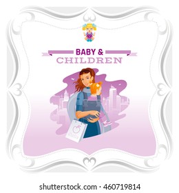 Vector illustration of family walking - mother with baby girl in shopping city center. Vintage frame background and toy doll icon
