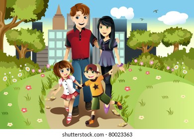 A vector illustration of a family walking in the park