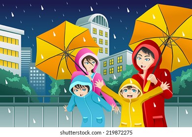 A vector illustration of family walking with umbrella and wearing raincoats in the big city