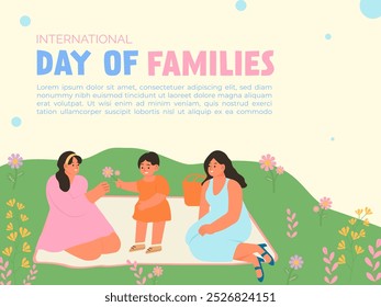 A Vector illustration of a family warmly interacting on the International Day of Families, sitting amidst a flower-filled landscape with a soft pastel sky.