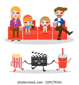 vector illustration of a family watching movie,  happy  family to a movie together,movie and clapper and popcorn on white background, Illustration of family watching a movie in 3D, cinema.