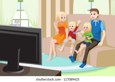 A vector illustration of a family watching movies/television at home