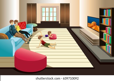 A vector illustration of Family Watching Television at Home