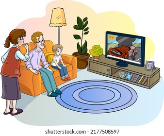 vector illustration of family watching tv