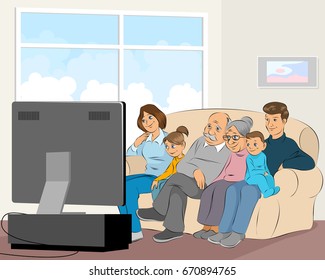 Vector illustration of a family watching TV