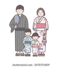 Vector illustration of a family wearing yukata