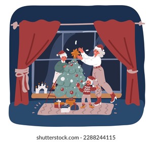 Сartoon vector illustration of family, winter holidays and people concept. happy mother and little daughter decorating christmas tree together over dark background