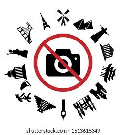 vector illustration with famous architecture symbols and restriction camera sign for no photo visual 